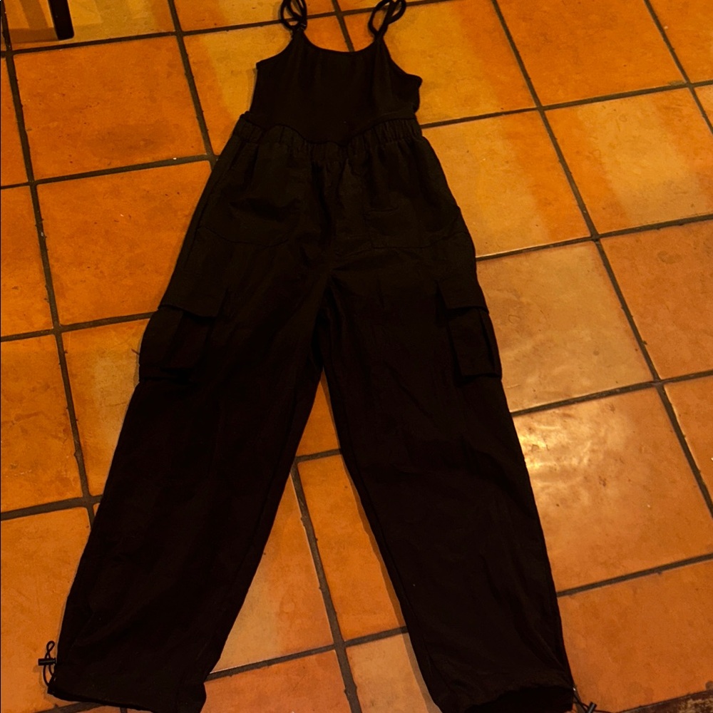 Womens Black Cargo Jumpsuit with Adjustable Straps